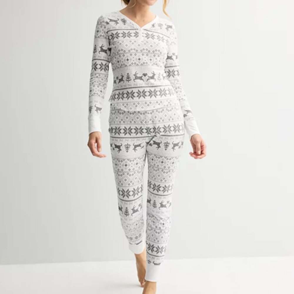 Sonoma Fair Isle Thermal Waffle Pajamas 2 PC Henley Top & Jogger Pant Size Large